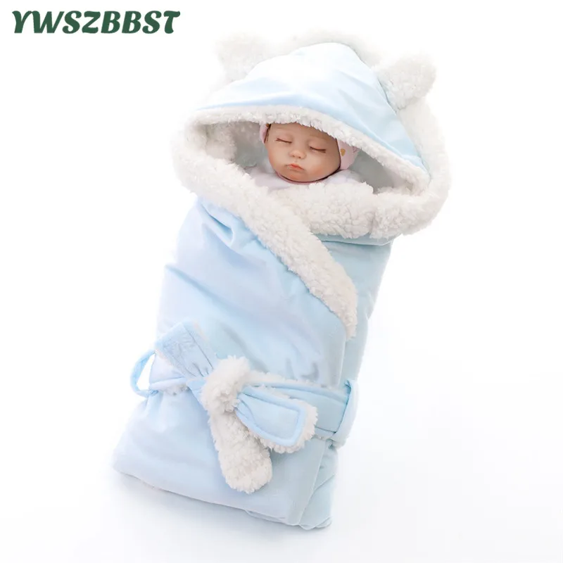 

New Winter Baby Blanket Velvet Swaddling Infant Boys Girls Bowknot Thermal Soft Fleece Blanket Solid Color Bedding Set