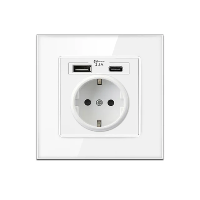 Pop Type-C USB Power Socket German, EU Standard USB  Receptacles,USB C Wall Outlet Russian,2.1A Wall Fast Charger Adapter Poland crystal glass white