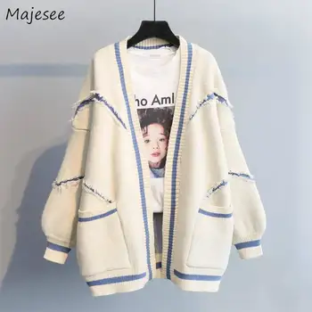 

Sweaters Women Patchwork Students Loose Cardigans V-neck Solid Color Simple All-match Pockets Knitted Korean Style Open Stitch