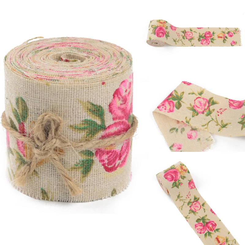 3M Vintage Rose Floral Print Burlap Hessian Ribbon Fabric Wedding Craft Decors
