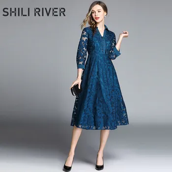 

2020 spring autumn fashion designer shirt dress for women long sleeve slim casual lace elegant gorgeous pleated dresses blue red
