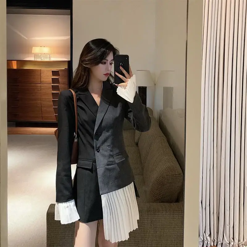 

Hong Kong Flavor Joint Slim Fit Mid-length Double Breasted Irregular Small Suit Coat Tops