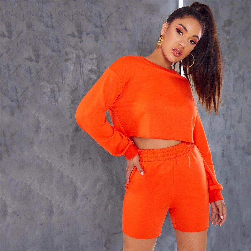 Acquistare Shein Neon Orange Drop Shoulto Spalla E Pantaloncini Da Ciclismo  2 Pezzo Set Donne Autunno Manica Lunga Tempo Libero Tempo Libero Casual Set  Di Due Pezzi Economico | Consegna Veloce E