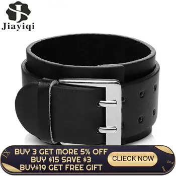 

Jiayiqi 2017 Punk Wide Cuff Bracelet Genuine Leather Bracelets & Bangles for Men Jewelry Brown and Black Color Wristband Jewelry