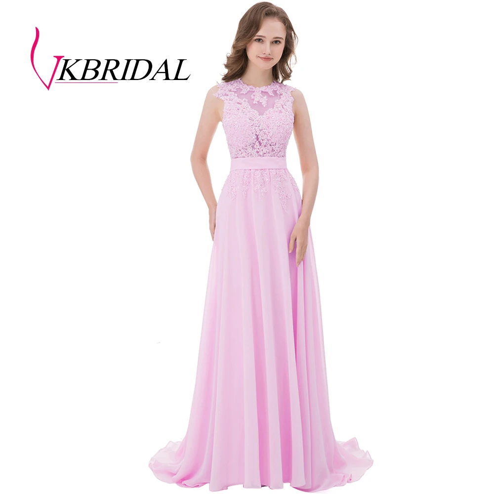 pink VKBRIDAL длинные платья подружки невесты розовые шифоновые аппликационные кружева бисером возлюбленной отвесный лиф Формальные платья свадебное платье для гостей - Цвет: pink