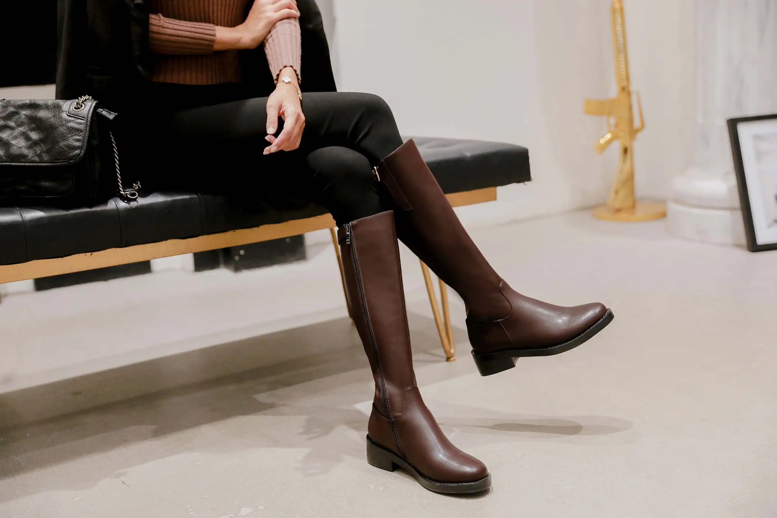 krazing pot Winter round toe cow leather buckle fasteners superstar long boots keep warm med heel riding thigh high boots l72
