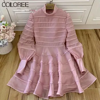 

Runway Dress 2020 Women's Spring Autumn Elegant Pink Long Lantern Sleeve Stripe Compilation Party Dress