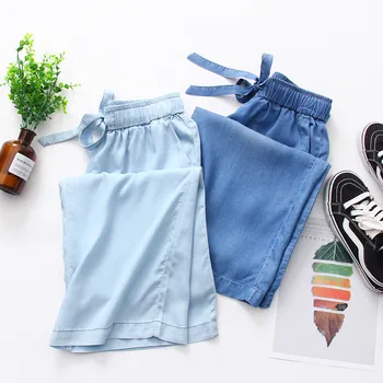 

Spring Summer Women Tencel Pants Fashion Elastic Waist Sashes Lace-up Solid Color Wide Leg Pants Elegant Thin Drape Trousers
