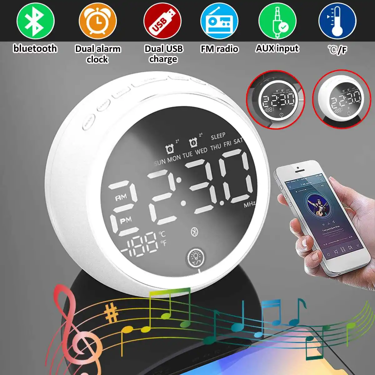 ЕС Plug Цифровой Будильник Bluetooth радио динамик белый цифровой дисплей FM радио с окружающим светом USB порт для зарядки телефона