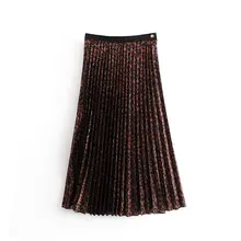 Модная женская плиссированная юбка из искусственной кожи с леопардовым принтом,, винтажная женская элегантная юбка до середины икры с боковой молнией и пуговицами