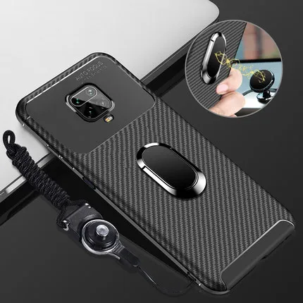Для Xiaomi Redmi Note 9S чехол мягкий из углеродного волокна с подставкой кольцо Защита от