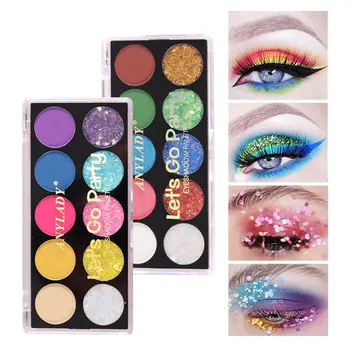 

ANYLADY 10 Color Matte Eyeshadow Diamond Glitter Sequin Shimmer Makeup Rainbow Pigment Palette Professional Party Shadow Kit