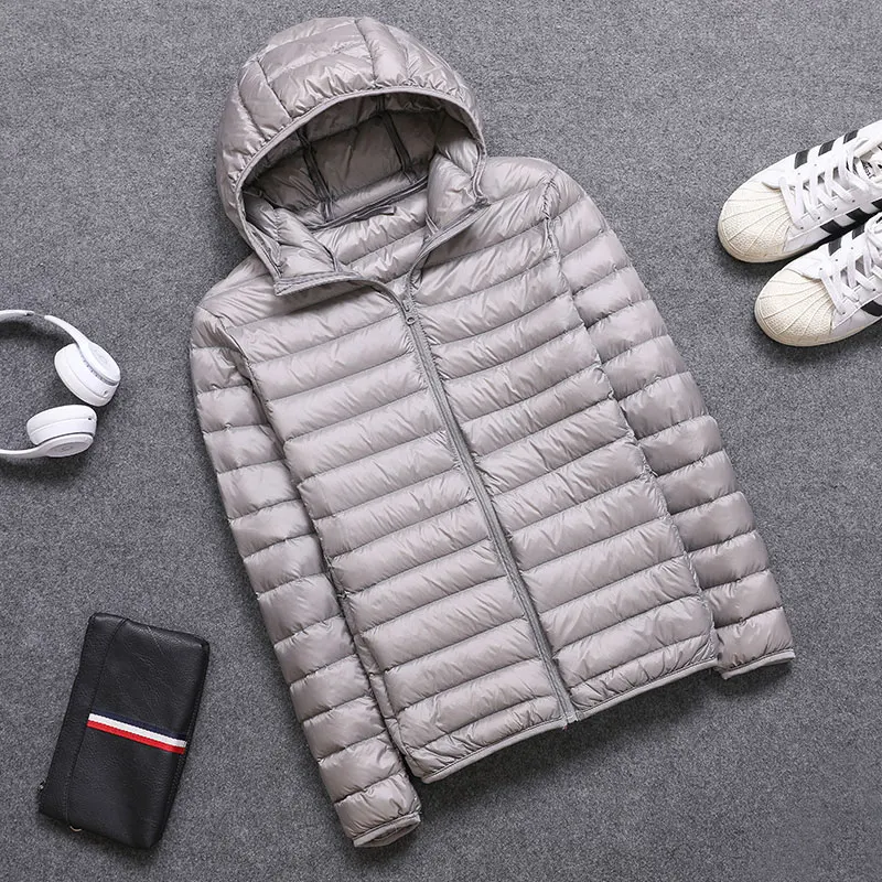 Plus Size S-5XL Mens Hooded Jacket Coat 90% Duck Down Filler Ultra Light Spring Autumn Male Winter Warm Coat+ Portable Bag - Цвет: Серый