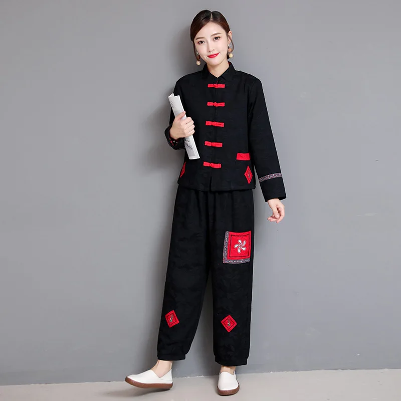 

2019 Autumn And Winter New Style Ethnic-Style Cotton Linen Embroidered Jacquard Cropped Jacket + Loose Pants Women's Casual Two-