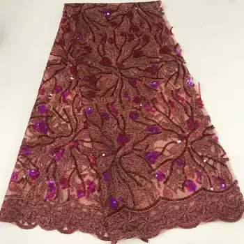 

New design african lace fabric glitter red sequins French tulle lace fabric with sequins For Wedding dress FFR914