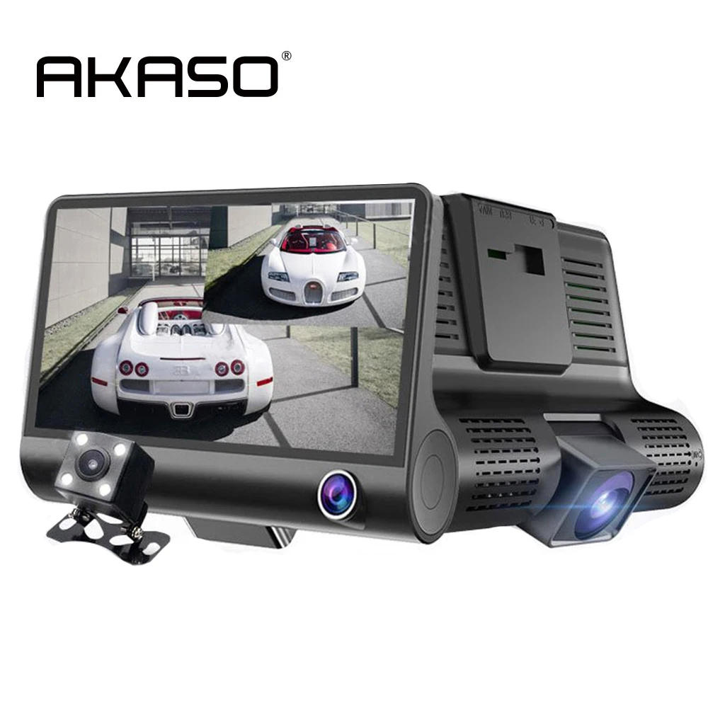 

AKASO Dual Lens 4'' HD 1080P Vehicle Car Dash Cam Rearview Mirror Camera Recorder DVR Detector wirh Three Cameras DVR Recorder