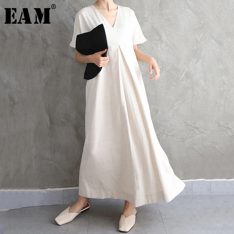 

[EAM] Women Brief Long Big Size Temperament Dress New V-Neck Short Sleeve Loose Fit Fashion Tide Spring Autumn 2020 1N633