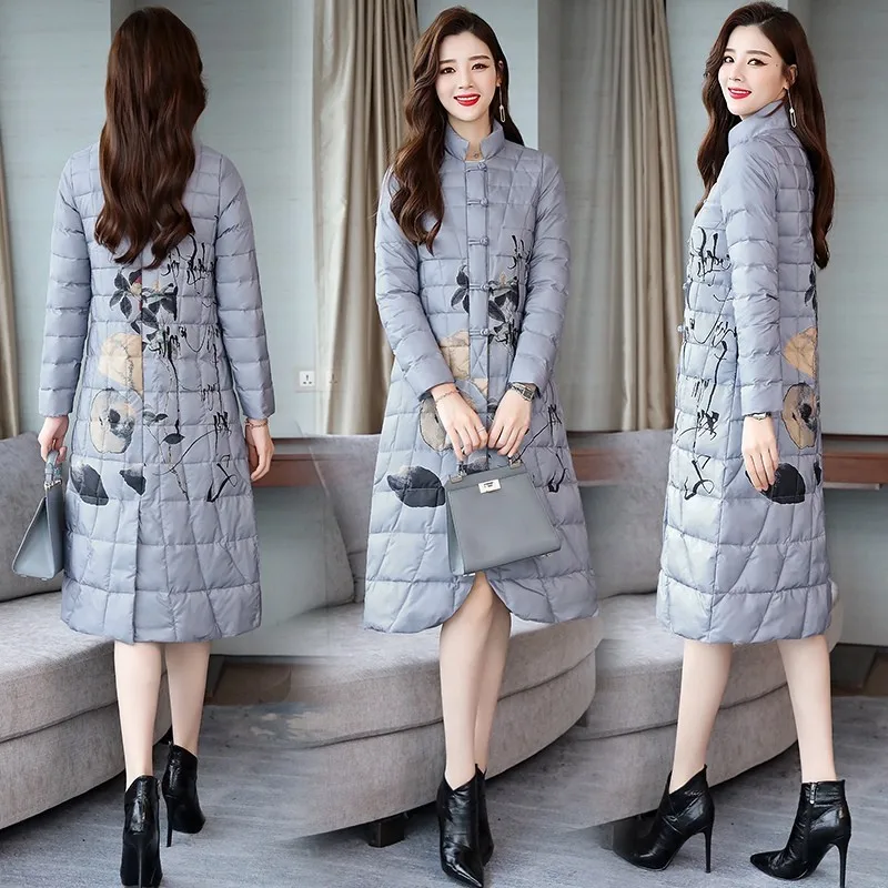 

Chinese-style Cotton-padded Clothes Women's Mid-length 2018 Winter down Jacket Cotton-padded Clothes Retro Frog Printed Ethnic-S