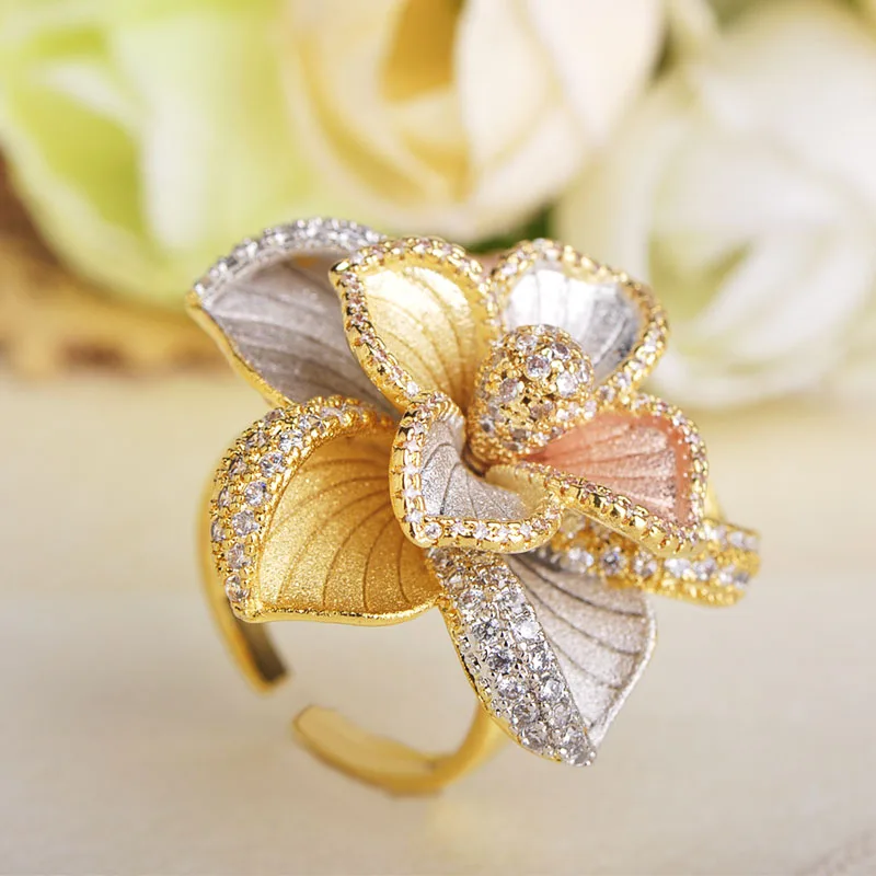 Blucome 3 Tones Cubic Zircon Flower Bangle Ring Sets Luxury Copper Wedding Bridal Jewelry Set For Women Adjustable Ring Gifts
