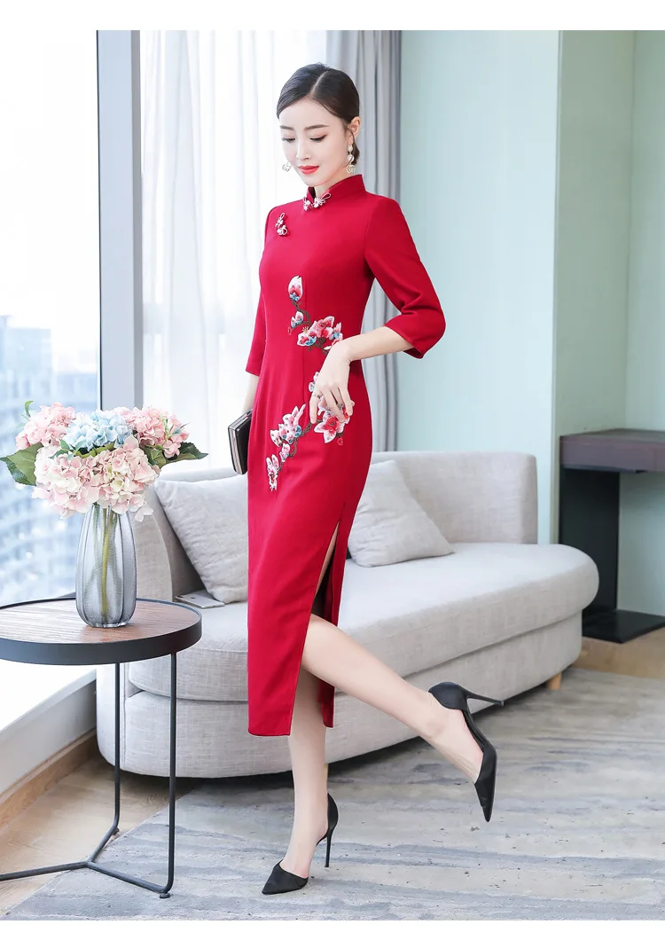 Autumn Cheongsam Long New Style Vintage Improved Ethnic-Style Slim Fit Slimming Women's Embroidered Cheongsam Dress