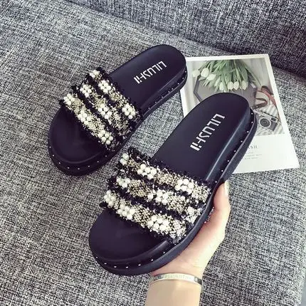 Summer Fashion Sequined Rhinestone Thick-soled  Korean version Flat-bottomed Wear-resistant Women's Sandals  Slippers
