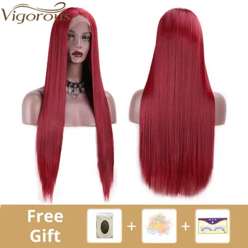 Vigorous Red Lace Front Wigs for Women Synthetic Long Straight Wigs Middle Parting Heat Resistant Fiber Natural Looking 13x4 6