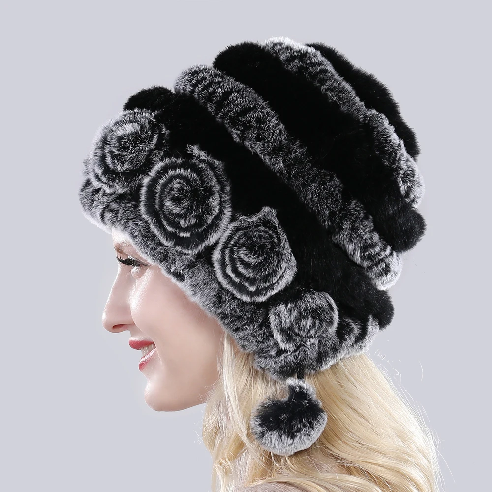 Hot Sale Winter Women Flowers Striped Natural Real Rex Rabbit Fur Hats Lady Warm Knit Genuine Fur Caps Russian Outdoor Fur Hats 5