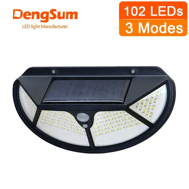 Félkör 4 Oldal 102Leds 3 Mód Fény Mozgásérzékelő Napenergia Fali Udvari Út Otthon Kerti Indukciós Utcai Lámpa