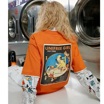 

UNIFREE vitality girls T-shirt fashion personality retro cartoon printing 2020 women's spring new blouse U201G045Z1Z1