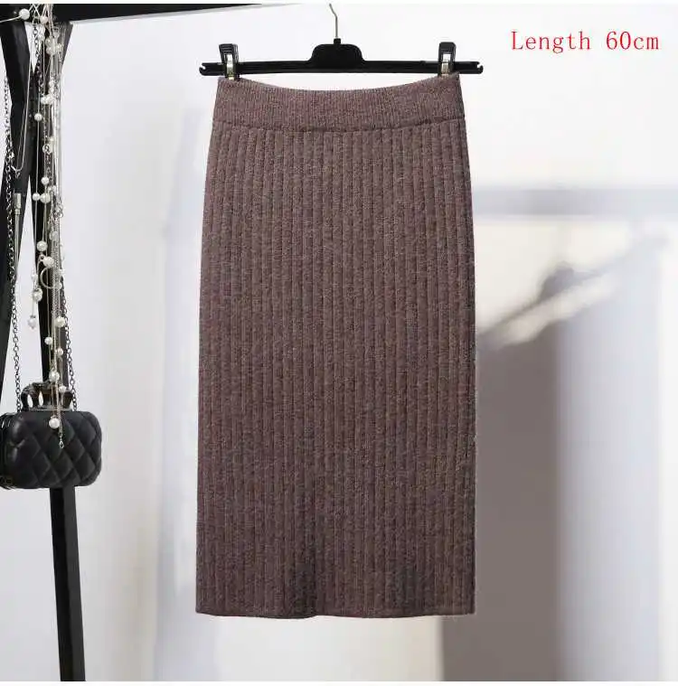 50-80CM elastic band ladies skirt autumn and winter warm knitted straight skirt ribbed split long skirt - Цвет: 60cm Brown