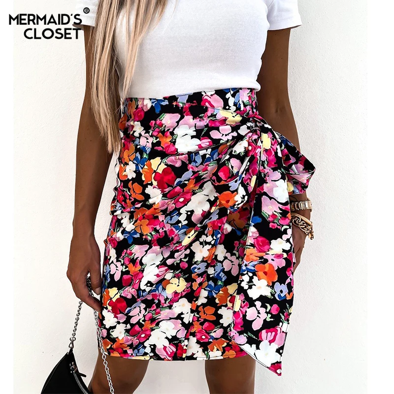Summer Boho High Waist Floral Wrap Skirt Women 2021 Casual Slim Mini Leopard Print Faldas Female Irregular Bodycon Short Skirts