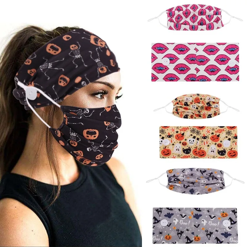 

Fashion color printing button hairband mask set silk soft mask yoga sports elastic headband hair accessories head bands