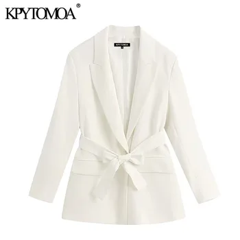 

KPYTOMOA Women 2020 Fashion Office Wear With Belt Blazer Coat Vintage Long Sleeve Pockets Female Outerwear Chic Tops