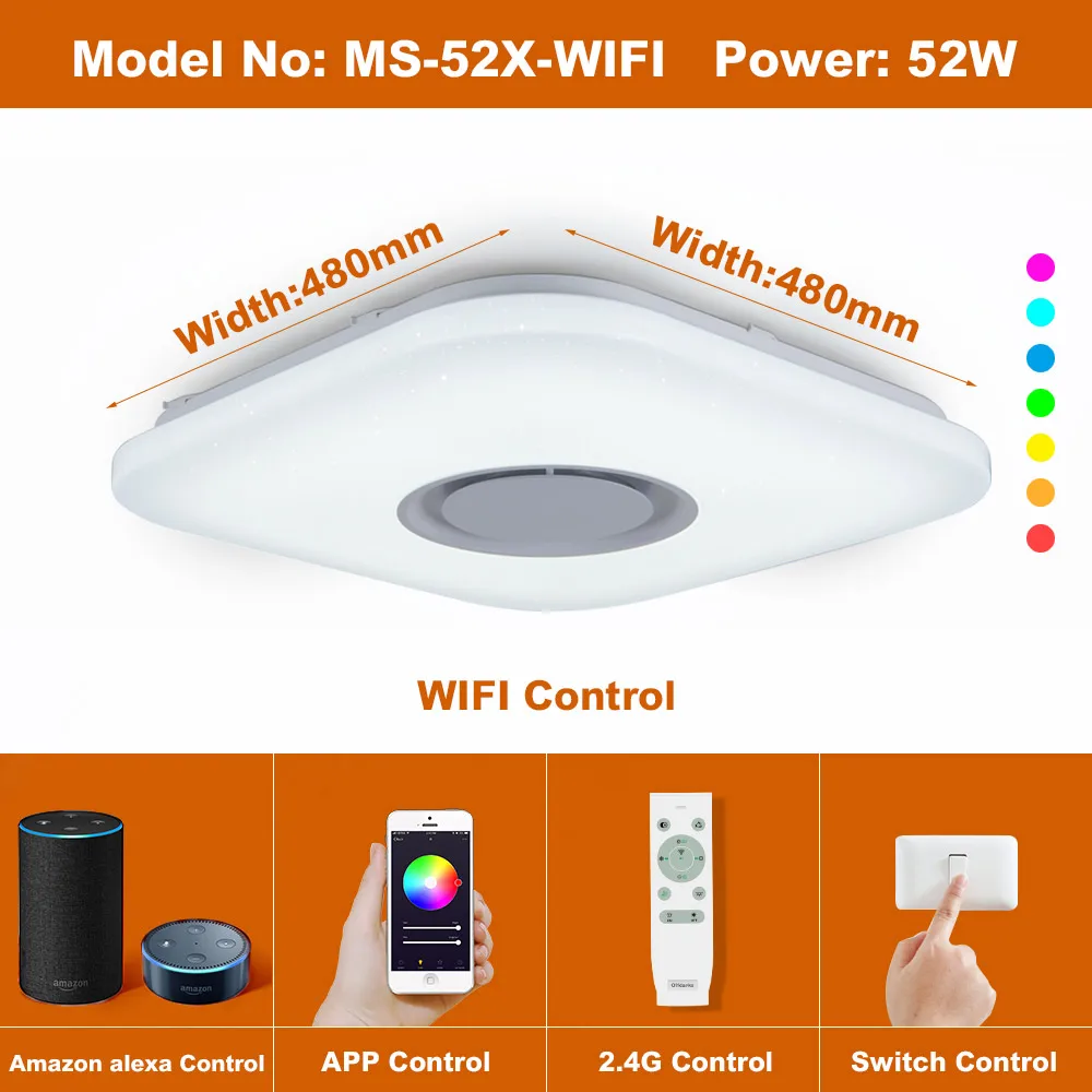 480 WIFI music 52W Умный светодиодный потолочный светильник RGB с регулируемой яркостью 25 Вт 36 Вт 52 Вт, управление через Bluetooth и музыку, современный светодиодный потолочный светильник для гостиной/спальни 220 В - Цвет корпуса: 480 WIFI music 52W