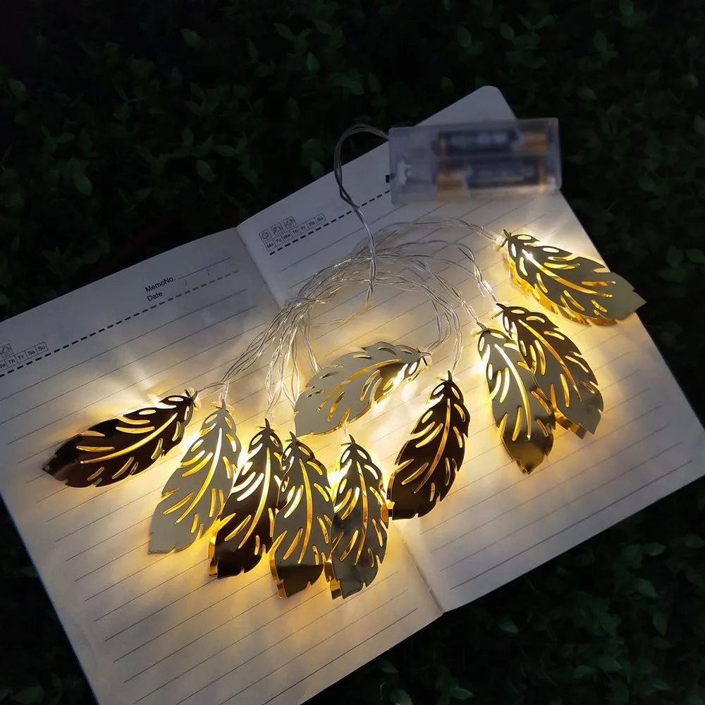 

LED Feather String Lights Iron Crafts Gold Openwork Feather Night Light String DIY Christmas Party Bedroom Decorations