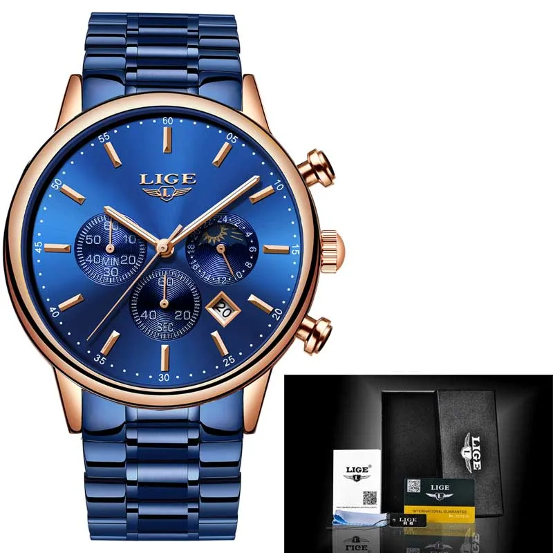 Rose gold all blue LIGE новые синие кварцевые часы для мужчин модные бизнес водонепроницаемые все стальные часы мужские большой циферблат Дата Многофункциональный хронограф+ коробка - Цвет: Rose gold all blue