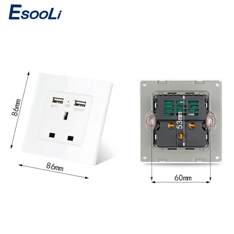 Esooli настенное гнездо питания Хрустальная стеклянная панель двойной usb зарядный порт 2.1A настенное зарядное устройство адаптер 13A Великобритания стандартная розетка 110~ 250 В