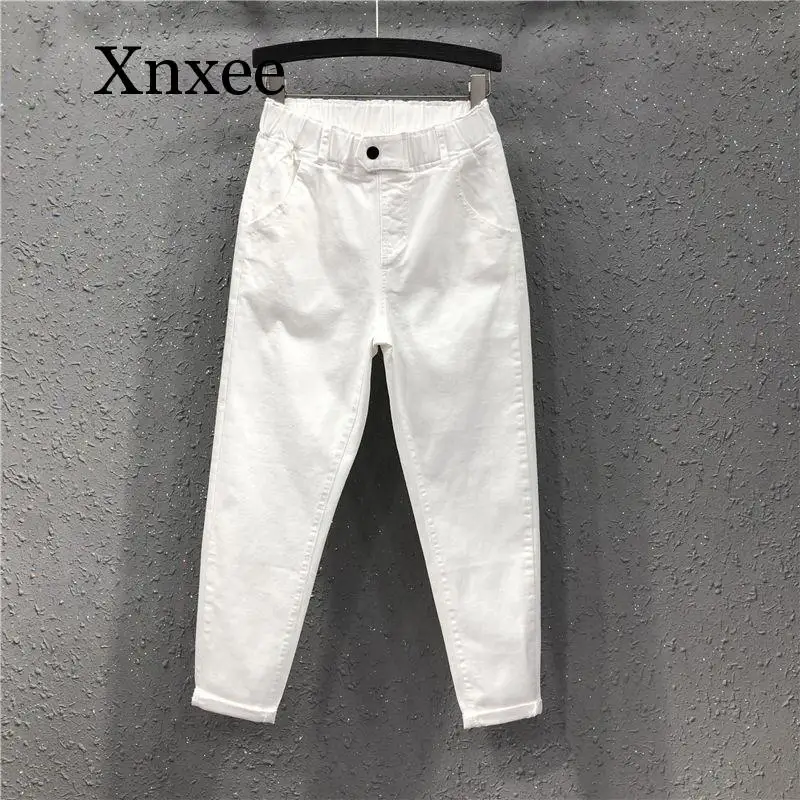 ankle-length New Summer Women Harem Pants All-matched Casual Cotton Denim Pants Elastic Waist  5xl oversize Jeans casual harem denim bloomers women high waist oversize 34 vintage baggy jeans boyfriend wide leg vaqueros ankle length jean pants