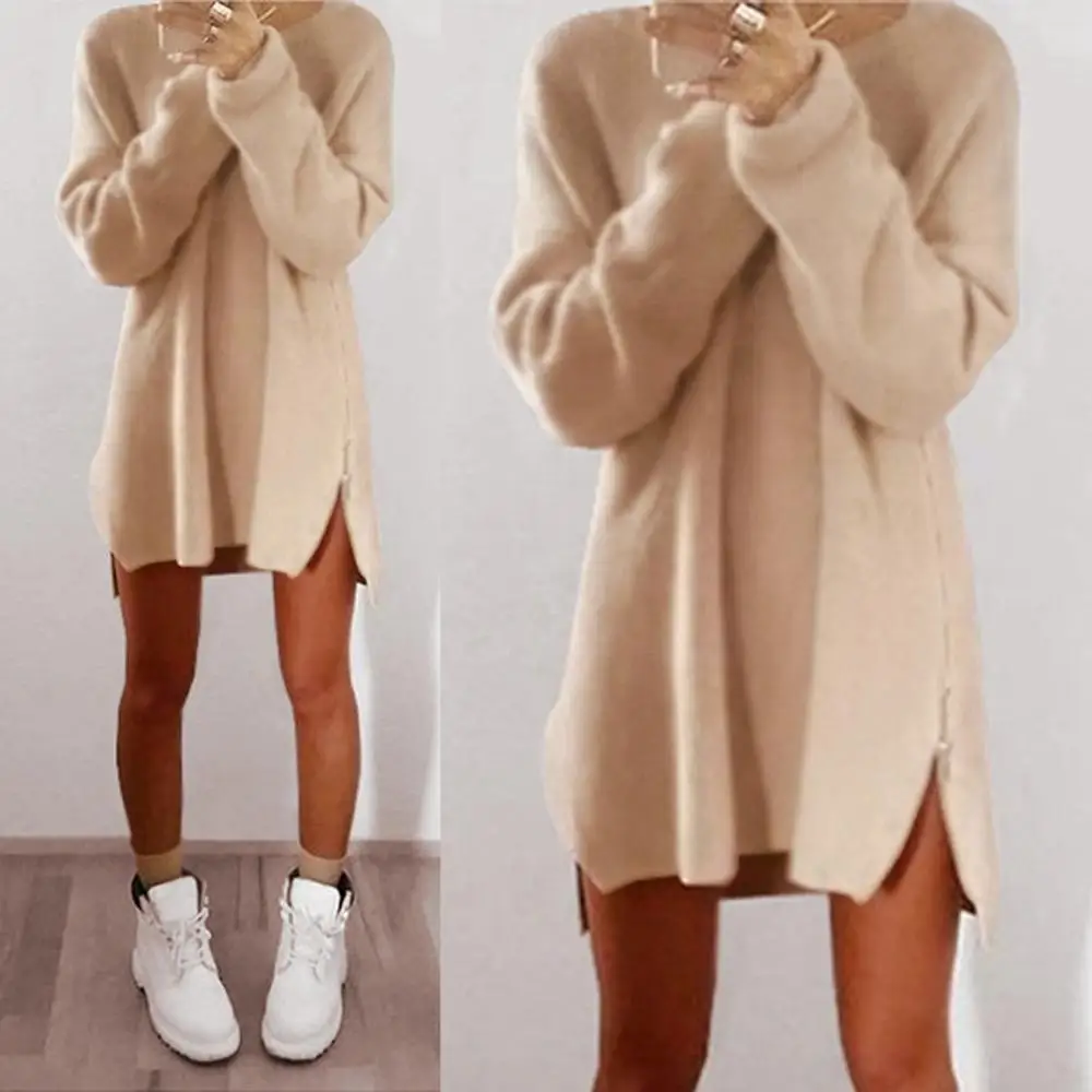 

Kureas Sweater Dress Women Zipper Side Slit Short Dresses Plus Size Asymmertrical Casual Long Sleeve 4XL