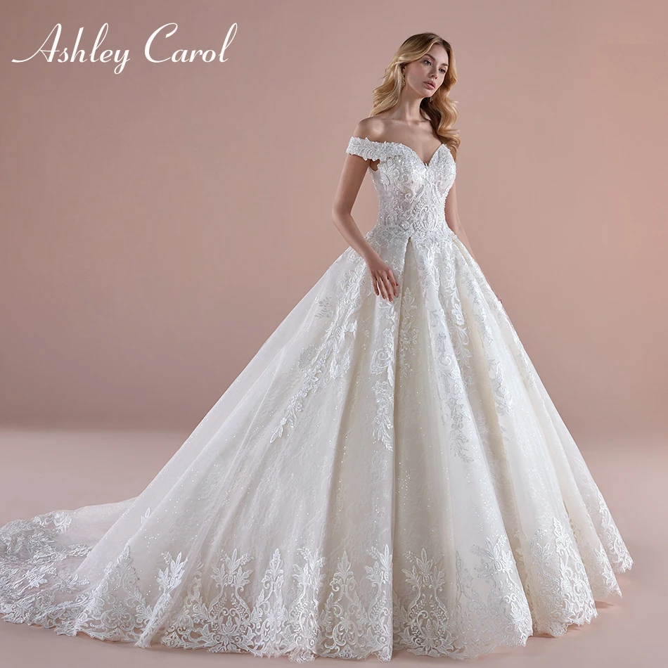 Ashley Carol Ball Gown Lace Wedding Dress Luxury Beaded Sexy Sweetheart Bride Dresses With Sleeves Princess Bridal Gowns