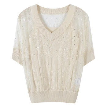 

Runway Elegant Hot Drilling Mesh T-Shirt Knitted Women Shirt Short Sleeve V-Neck Summer Holiday Oversize Ladies Shirt Loose Tees