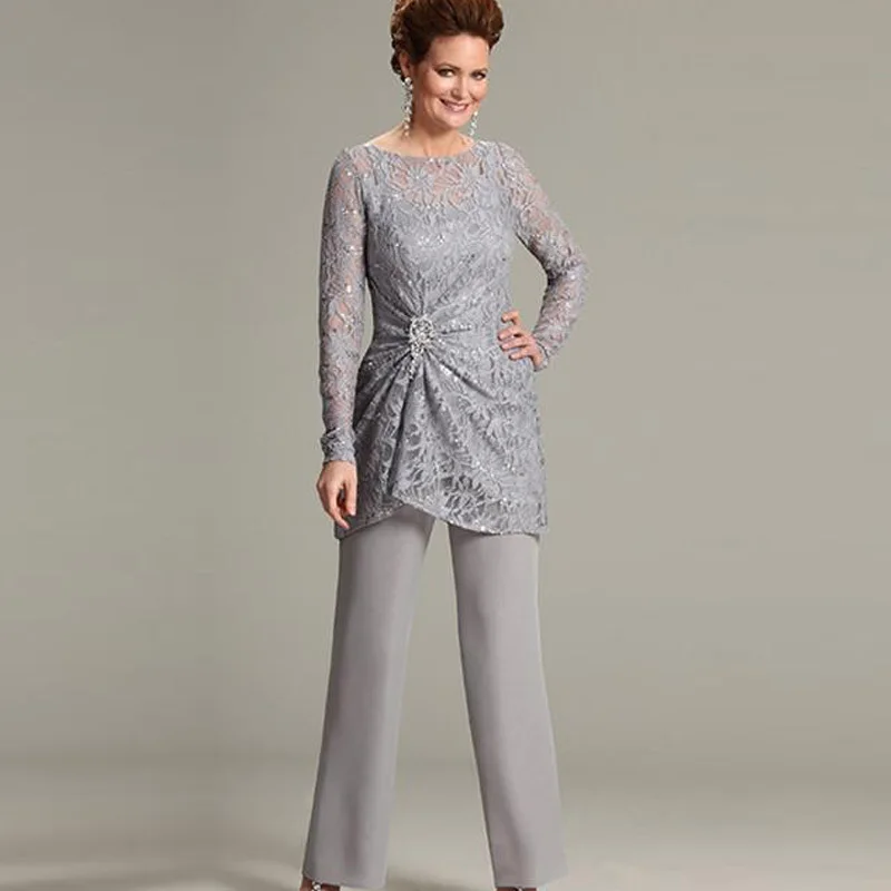 Ursula di svizzera A Due Pezzi Madre della Sposa abiti da Sposo Vestito con  pantaloni con Illusion Scoop Del Merletto A Maniche Lunghe In Chiffon Più  Il Formato|Mother of the Bride Dresses| -