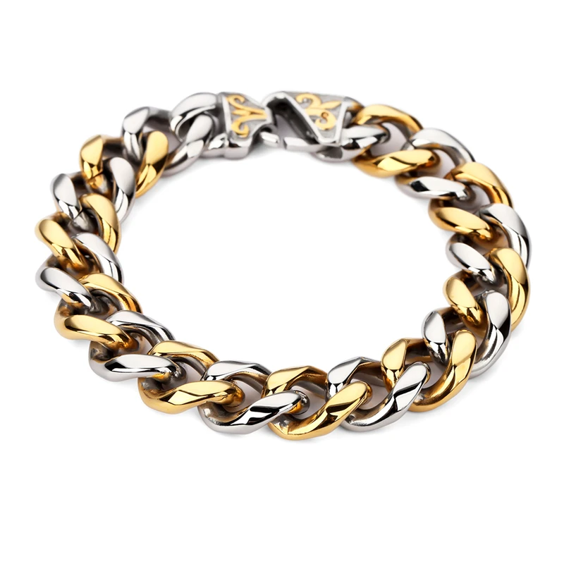 

AGOOD New Men Stainless Steel Charm Bracelet Heavy Vintage Curb Link Chain Big Hip Hop Bangles Fashion 15mm Wide Cool Wristband