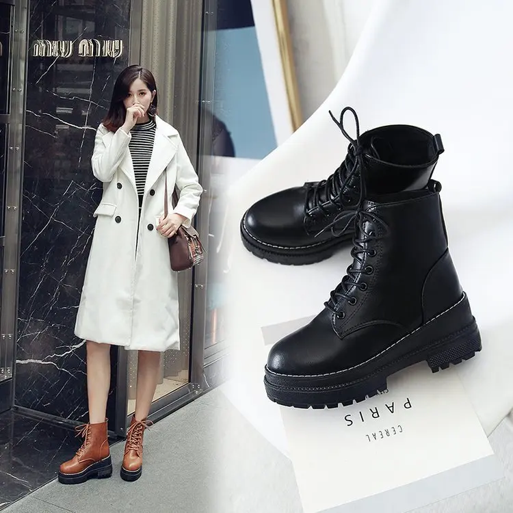 Martin boots-botas estilo inglés para mujer, Botines de tacón grueso y versátiles, de tubo medio