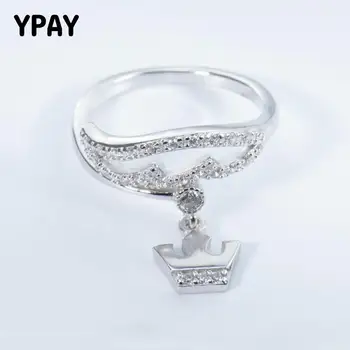 

YPAY Luxury Crown Dangle Ring for Women 100% Genuine 925 Sterling Silver Adjustable Finger Rings Fine Party Jewelry Gift YMR453