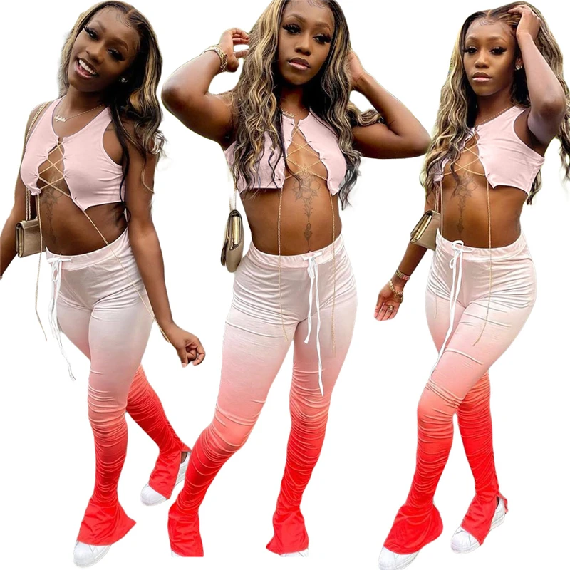 Adogirl Changing Color Two Piece Set Metal Chain Straps Sleeveless Crop Top Ruched Split Flare Pants Women Tracksuit Outfits