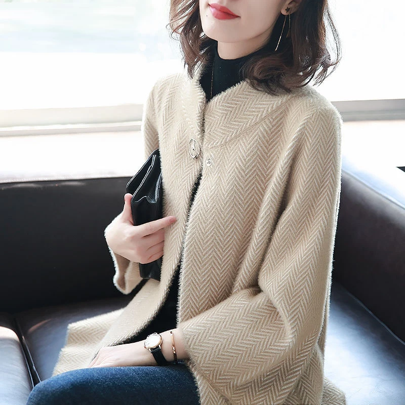 

Women Striped Pattern Thick Coats Jacket Three Quarter Single Button 2020 Ladies Elegant Autumn Winter Coat Korean Clothing