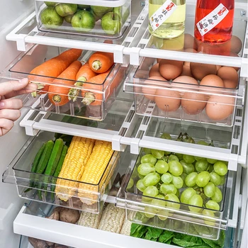 

Plastic Clear Fridge Organizer Storage Rack Freezer Shelf Pull Out Refrigerator Box Food Fruit Egg Drawer Partition Container
