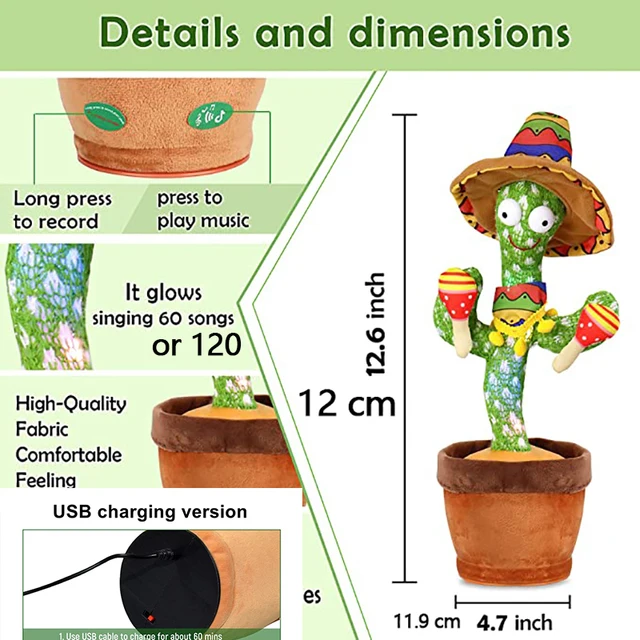 Dancing Cactus 120 Songs Speaker Talking USB Charging Soft Toys Baby Kids Dancing Twisting Cactus Luminous Recording Plush Dolls 5