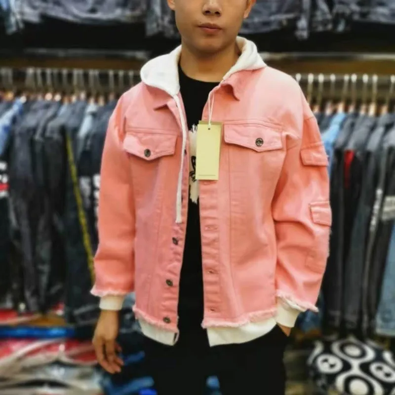 pink High Street джинсовое пальто для мужчин с модным принтом с капюшоном в стиле пэчворк ковбойская куртка весна осень хип-хоп уличная куртка оверсайз 4XL - Цвет: pink